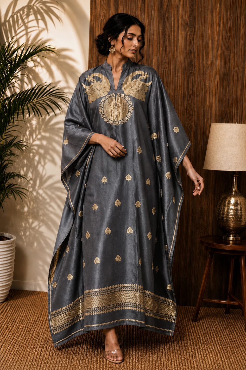 Nayra Banarasi weaved unstitched kaftan by Rihyaaz, showcasing elegant traditional Indian weaving and luxurious ethnic styling.