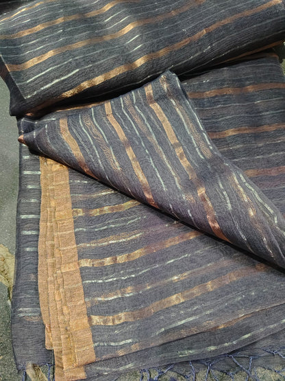 Shaam Resham Dual Zari Stripe Silk Linen Saree by Rihyaaz Fashions, premium handwoven silk linen saree with elegant resham and dual zari stripe detailing.