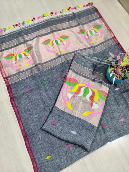 Cocoon Gray Jayshree linen by linen suit with intricate needle tissue patta Jamdani weaving, premium traditional ethnic wear by Rihyaaz.