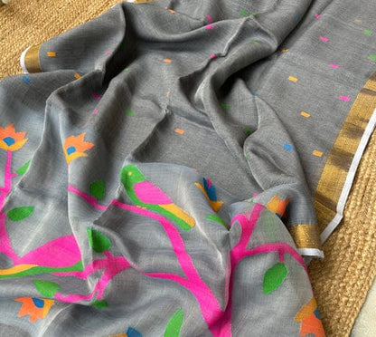 Linen Handwoven Silk Anchal Paithani Saree | Traditional Handloom Saree | Rihyaaz