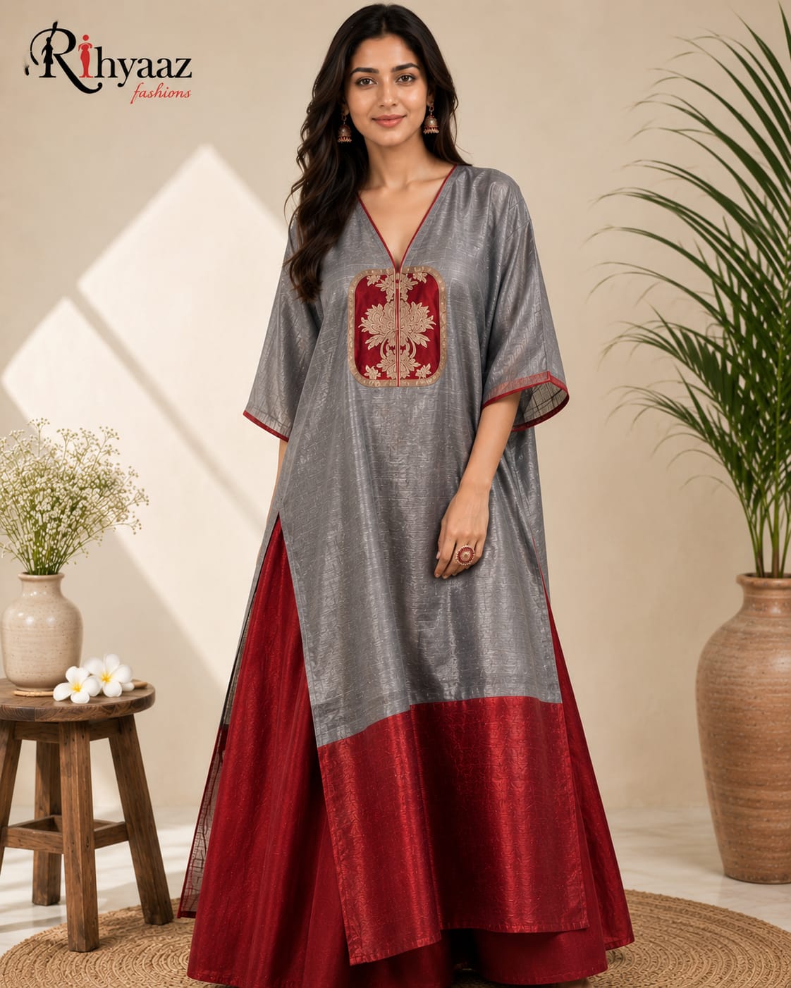 Rebeca Mul by Raw Silk Khaduwa weaving unstitched kaftan, elegant handcrafted Indian ethnic wear by Rihyaaz, suitable up to 56 inch chest.