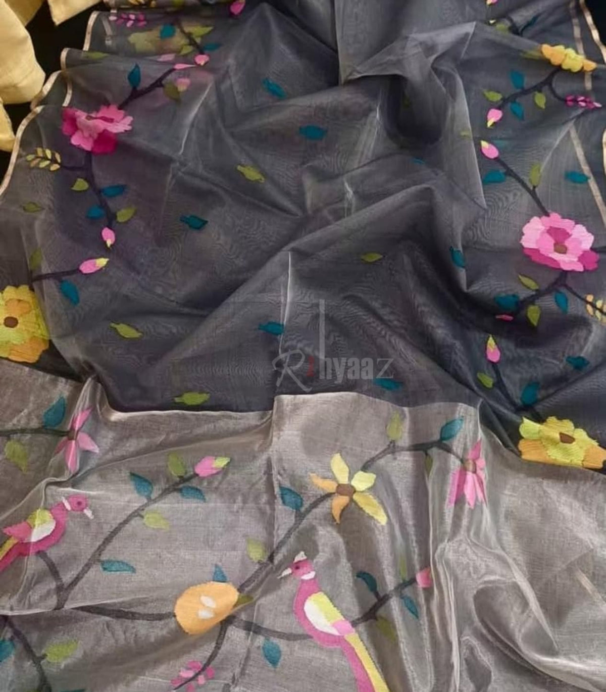 Anushua - Muslin Bird Motif Allover Weaved Silk paithani palla jamdani saree by Rihyaaz.