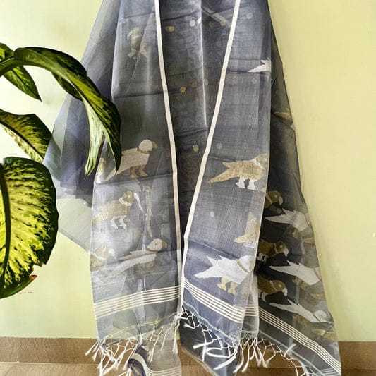 Chidiya muslin woven suit with zari and silk weaving, featuring polka dot motifs on the top by Rihyaaz Fashions.