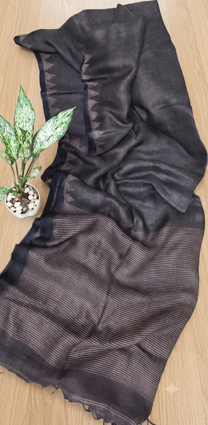 Gray Pure silk Jayashree linen saree with traditional temple border, striped palla and running blouse piece by Rihyaaz Fashions.