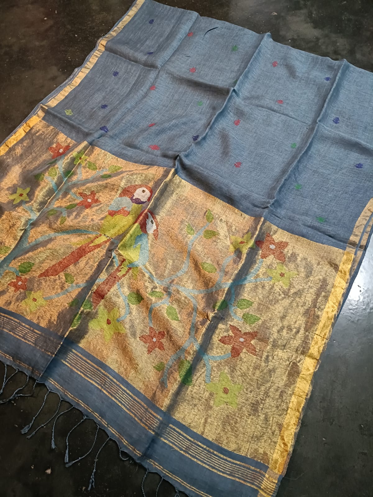 Kakatua Pure Linen Paithani Saree by Rihyaaz with matching blouse piece, elegant Paithani weave, premium linen fabric, custom colour options available, handcrafted ethnic wear.