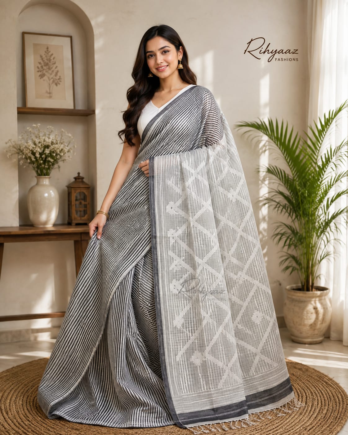 Sarsi – Pure Silk Linen Resham Pallu Jamdani Handwoven Saree with Blouse Piece | Rihyaaz