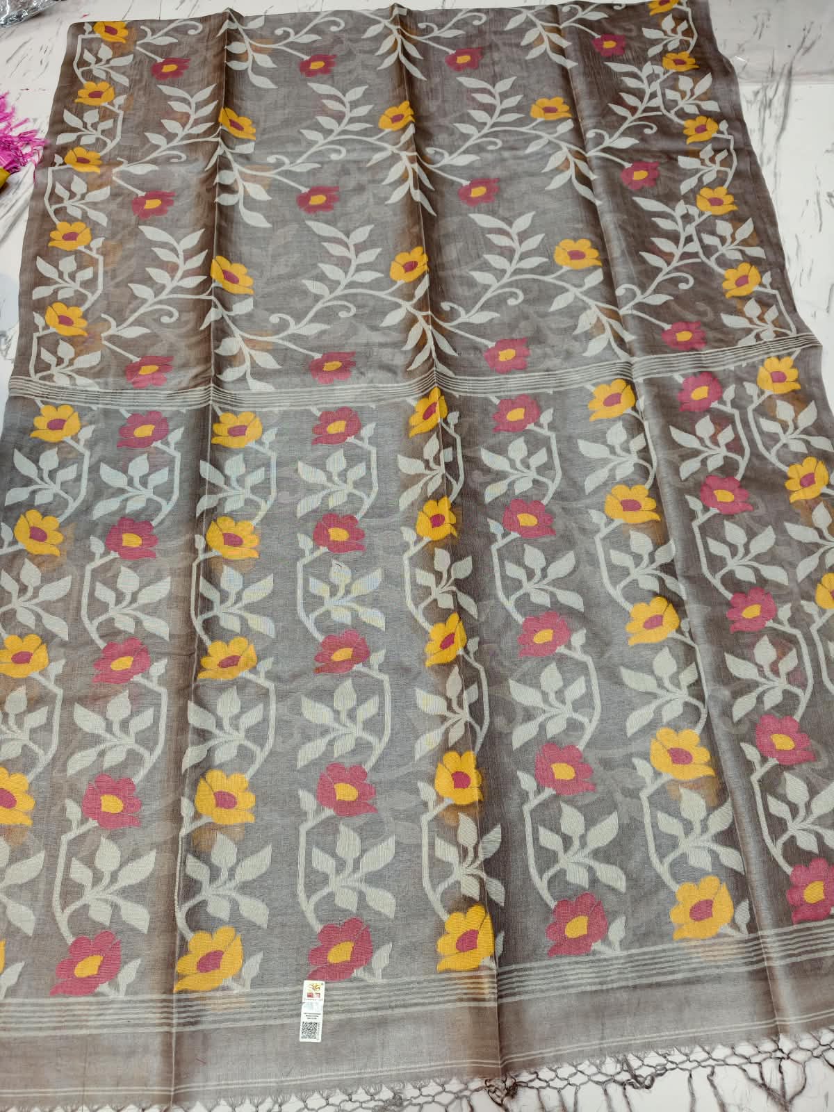 Bageecha Gray Pure Tussar Jamdani saree with intricate all-over handwoven floral Jamdani work, Silk Mark certified by Rihyaaz 