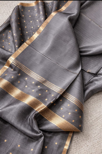 Rupal silk linen sequin woven kurta with micro striped weave and resham palla Jamdani dupatta by Rihyaaz premium handwoven ethnic suit set.