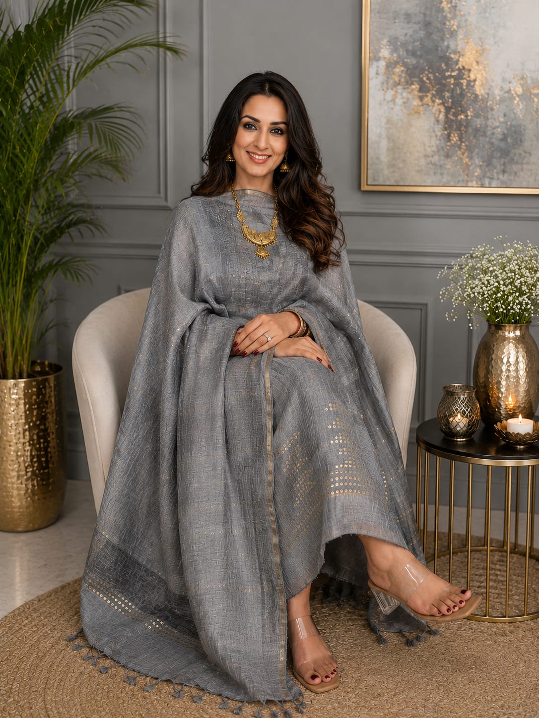 𝓝𝓪𝓳𝓪𝓶 silk linen sequin weaved dress featuring intricate double-weaved silk sequin detailing, crafted by Rihyaaz Fashions.