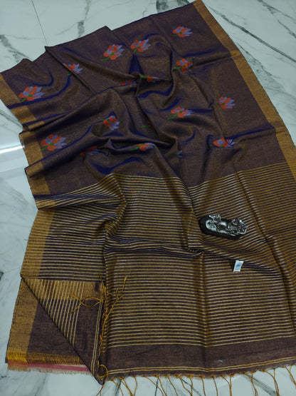 Lolita tissue linen allover weaved floral motiffs needle Jamdani saree with blouse piece, and striped zari weave in Pallu, handcrafted Bengali saree by Rihyaaz