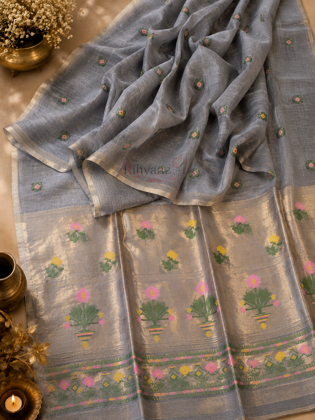 Ful - Paithani Inspired Tissue Palla Linen Silk Saree by Rihyaaz featuring an elegant handwoven linen silk body with a luxurious tissue Paithani-inspired palla, ideal for festive wear, wedding celebrations, and traditional occasions.
