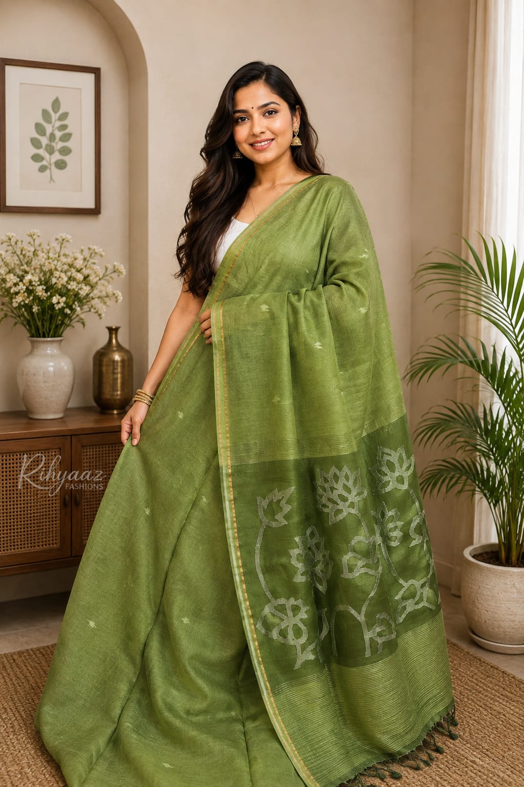 Ayat Linen Silk Resham Anchal Copper Silver Zari Jamdani Weaved Saree by Rihyaaz – Premium Handwoven Festive & Wedding Saree