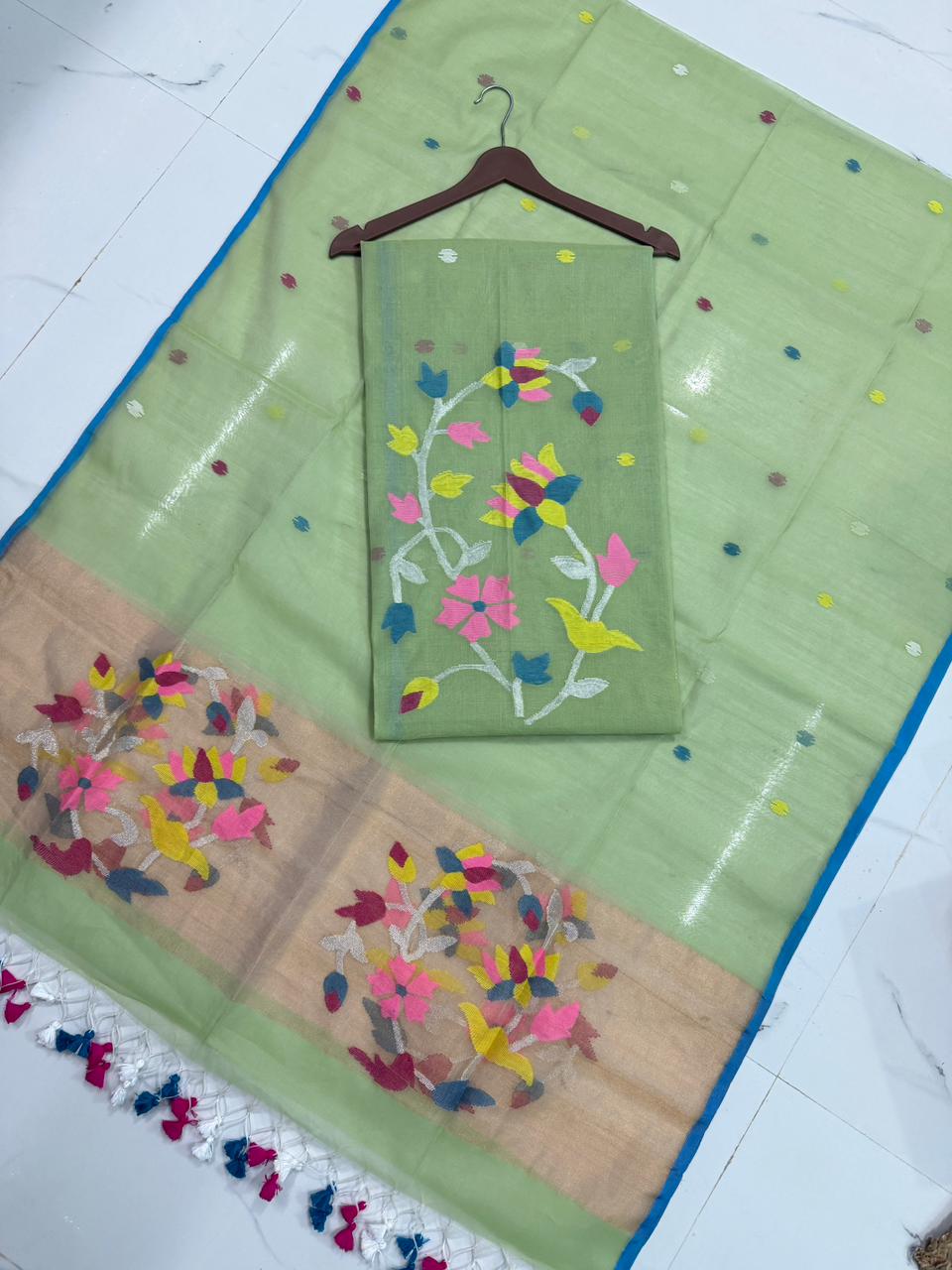 Rihyaaz handwoven Muslin Paithani Jamdani suit with 2.5 meter top and 2.5 meter tassel dupatta, lightweight traditional Indian ethnic wear.
