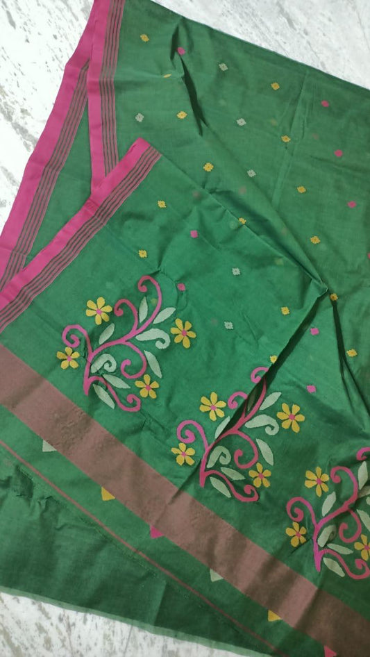 Green Pure Cotton by Cotton Floral Handwork Needle Jamdani Saree by Rihyaaz 