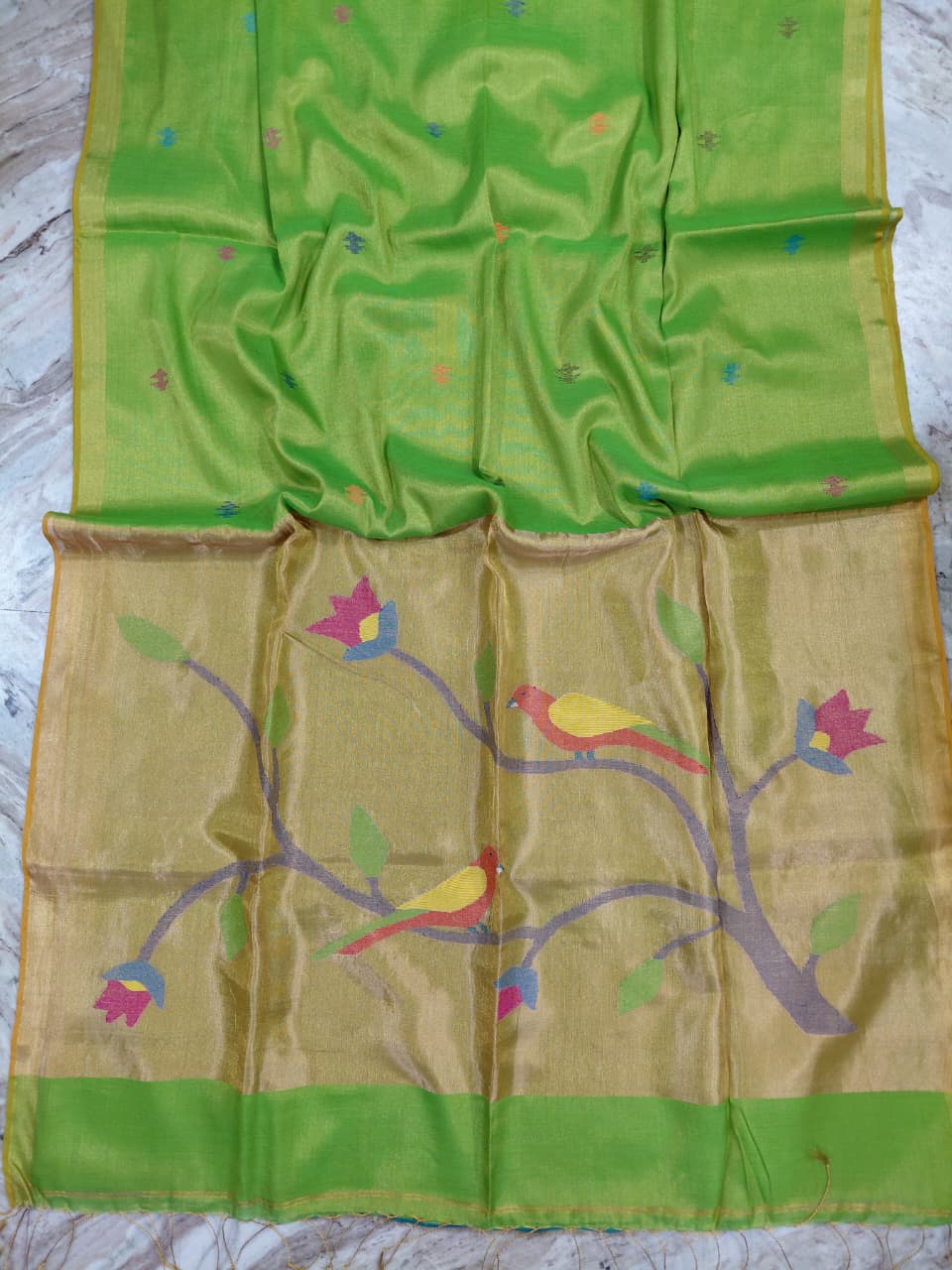 Rai Pure Cotton by Zari Tissue Acrylic Saree with Paithani Pallu by Rihyaaz, elegant handwoven festive saree featuring traditional Paithani weaving, lightweight cotton fabric, shimmering zari tissue finish, and premium ethnic wear for weddings and celebrations.