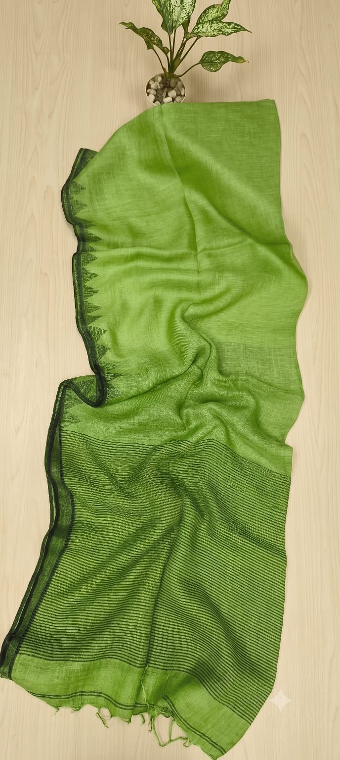 Green Pure silk Jayashree linen saree with traditional temple border, striped palla and running blouse piece by Rihyaaz Fashions.