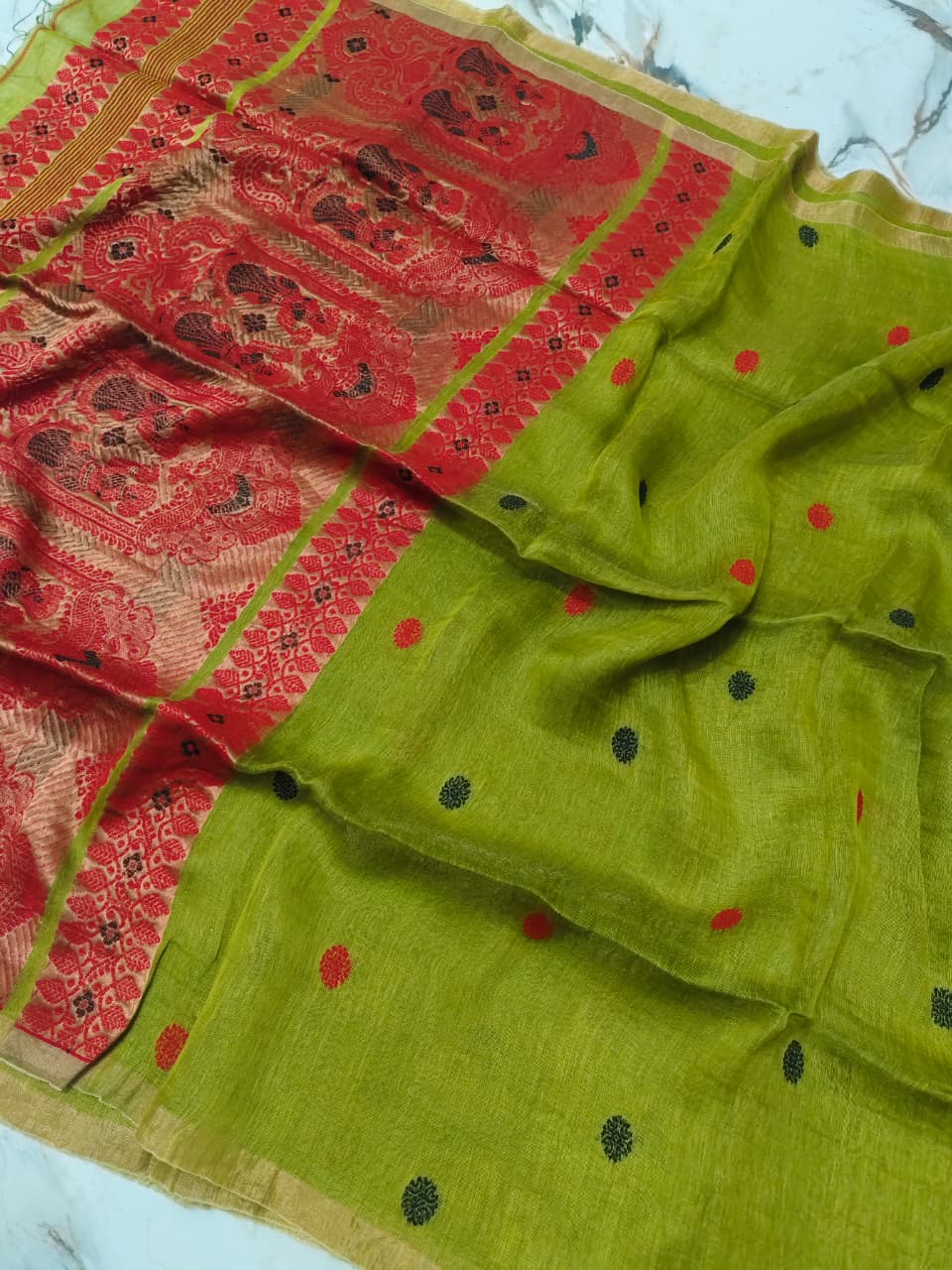 Udita Silk Linen Meenakari Baluchari saree by Rihyaaz with intricate traditional motifs and elegant handwoven detailing, available in all colours.