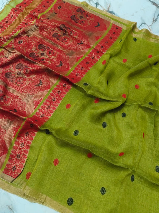 Udita Silk Linen Meenakari Baluchari saree by Rihyaaz with intricate traditional motifs and elegant handwoven detailing, available in all colours.