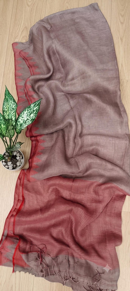 Hazel Pure silk Jayashree linen saree with traditional temple border, striped palla and running blouse piece by Rihyaaz Fashions.