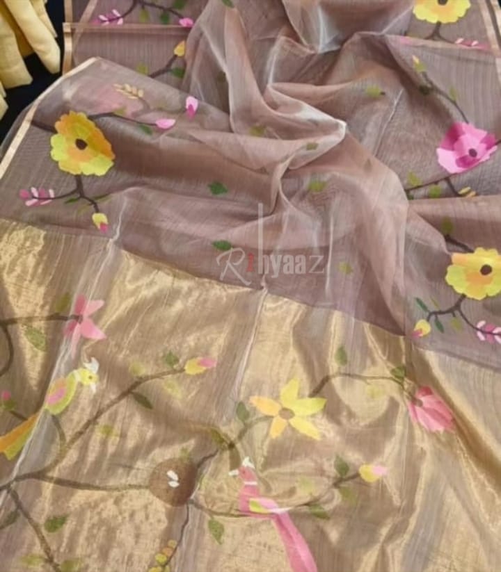 Anushua - Muslin Bird Motif Allover Weaved Silk paithani palla jamdani saree by Rihyaaz.