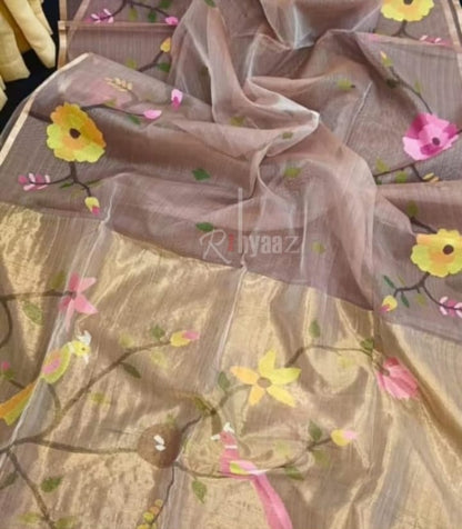 Anushua - Muslin Bird Motif Allover Weaved Silk paithani palla jamdani saree by Rihyaaz.