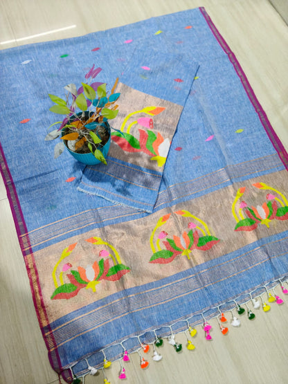 Cocoon Ice Blue Jayshree linen by linen suit with intricate needle tissue patta Jamdani weaving, premium traditional ethnic wear by Rihyaaz.