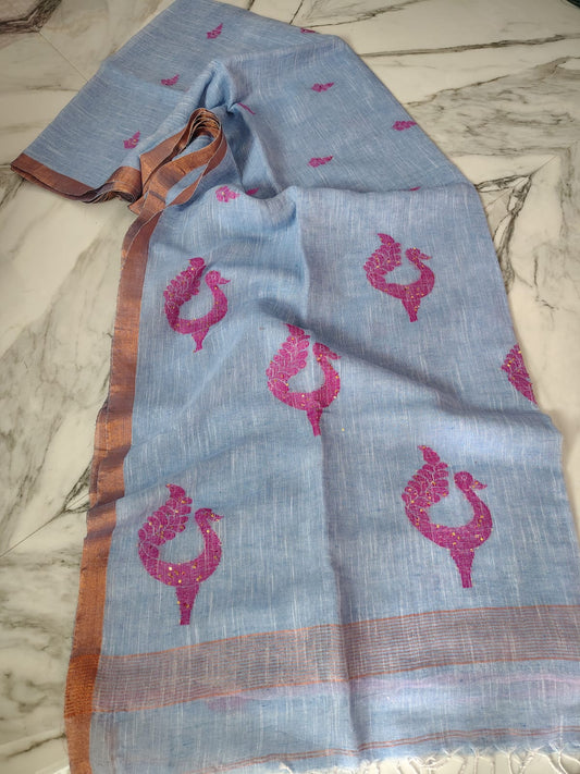 Exclusive Pure Linen by Linen Peacock Jamdani handwoven saree with all-over body Mina work and running blouse piece by Rihyaaz