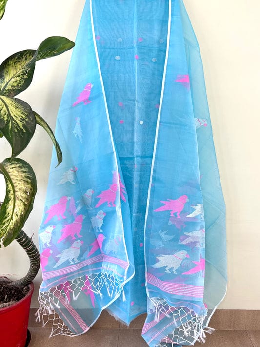 Chidiya muslin woven suit with zari and silk weaving, featuring polka dot motifs on the top by Rihyaaz Fashions.