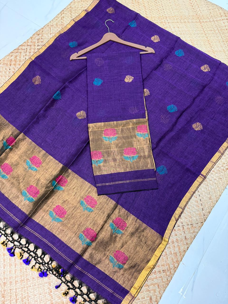 Rihyaaz Zul Zari Patta linen suit set with matching dupatta, showcasing elegant zari detailing and traditional Indian handloom-inspired craftsmansh
