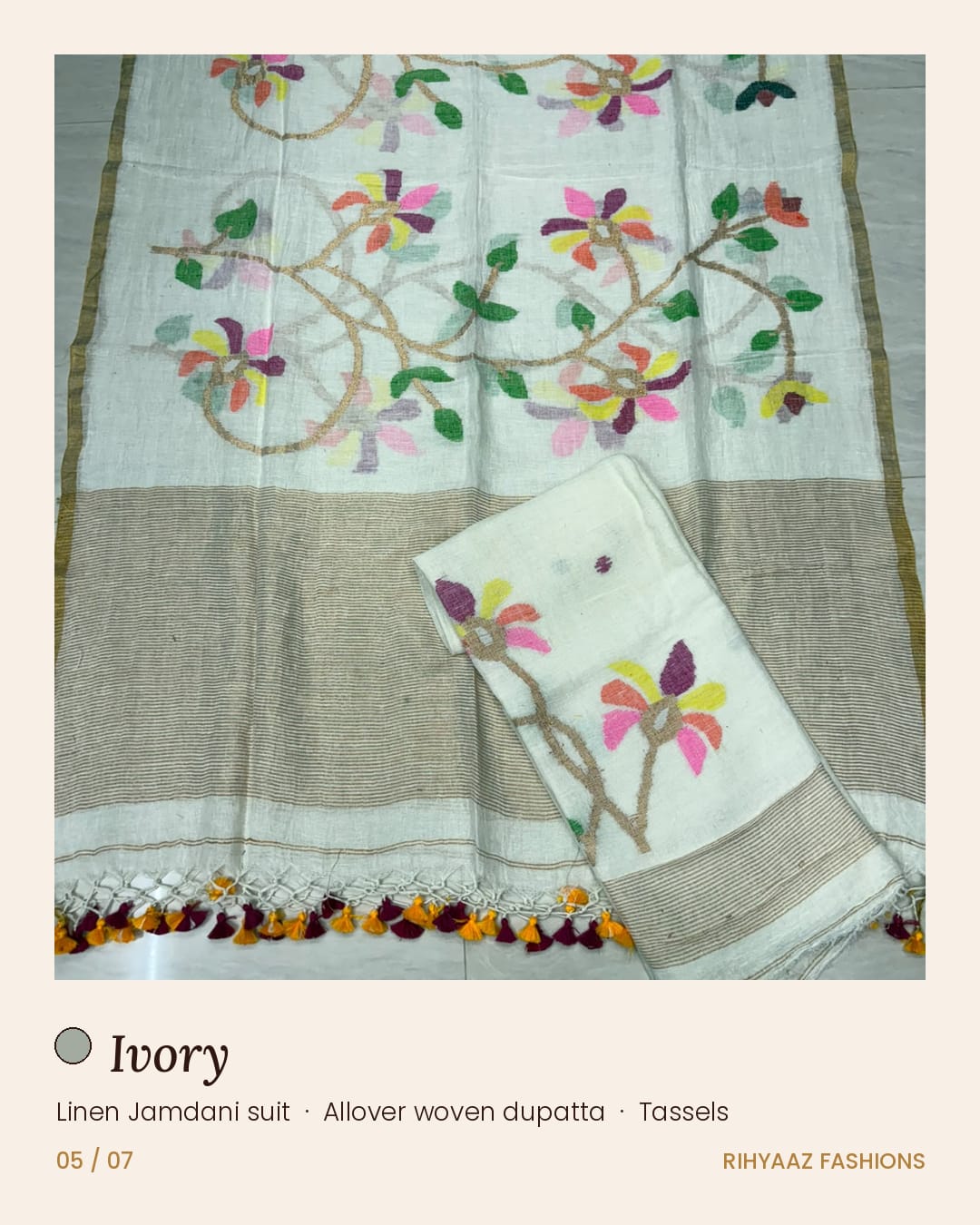 Gulmohar ivory linen needle-weaved Jamdani suits by Rihyaaz Fashions, showcasing elegant traditional weaving and sophisticated Indian ethnic wear for women.