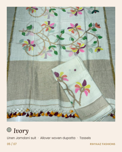 Gulmohar ivory linen needle-weaved Jamdani suits by Rihyaaz Fashions, showcasing elegant traditional weaving and sophisticated Indian ethnic wear for women.