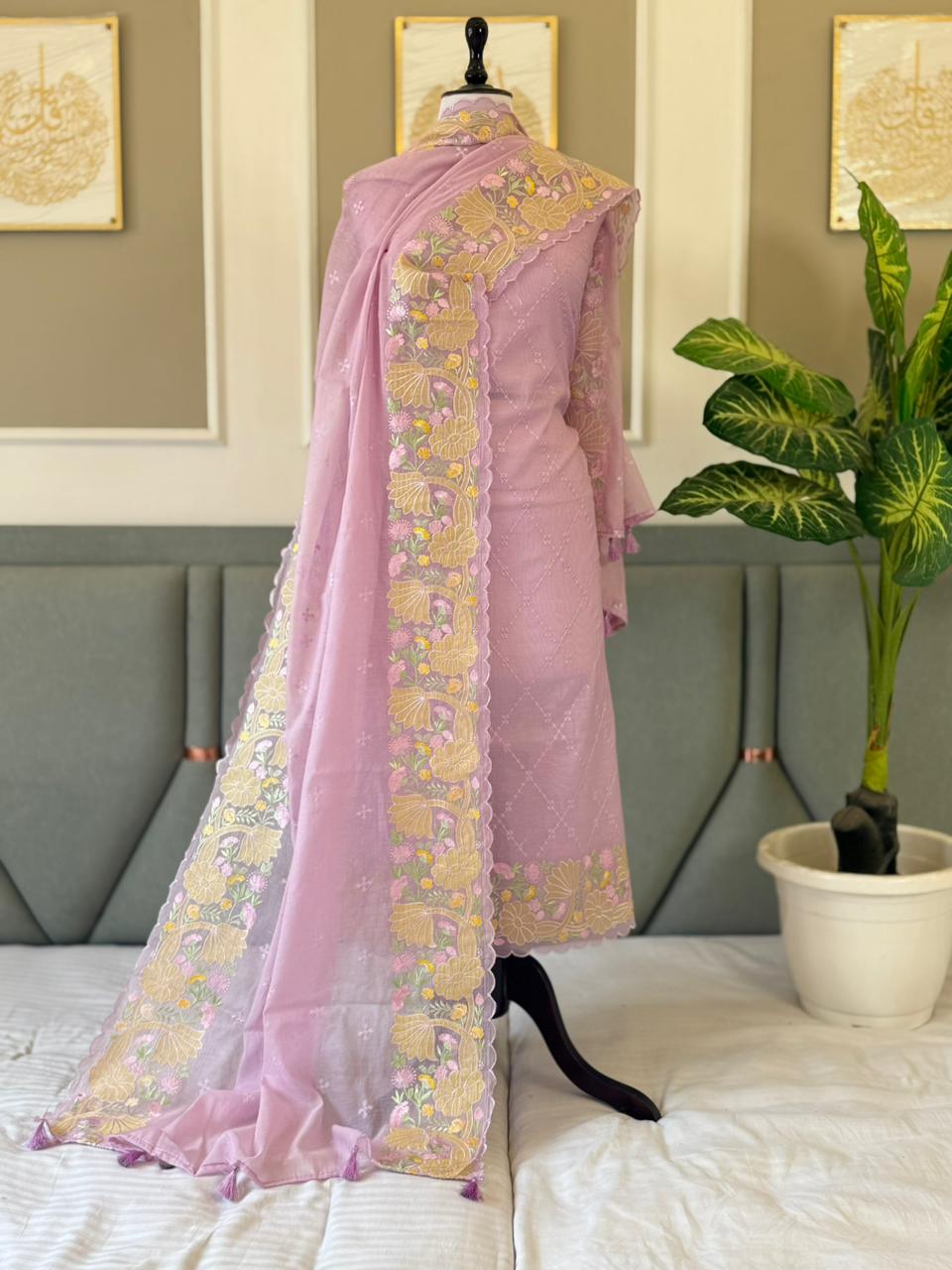 Exclusive lavender Banarasi Mal Chanderi tissue suit set by Rihyaaz Fashions featuring an embroidered appliqué work top, matching tissue dupatta and plain cotton silk bottom, 2.5 metres each.