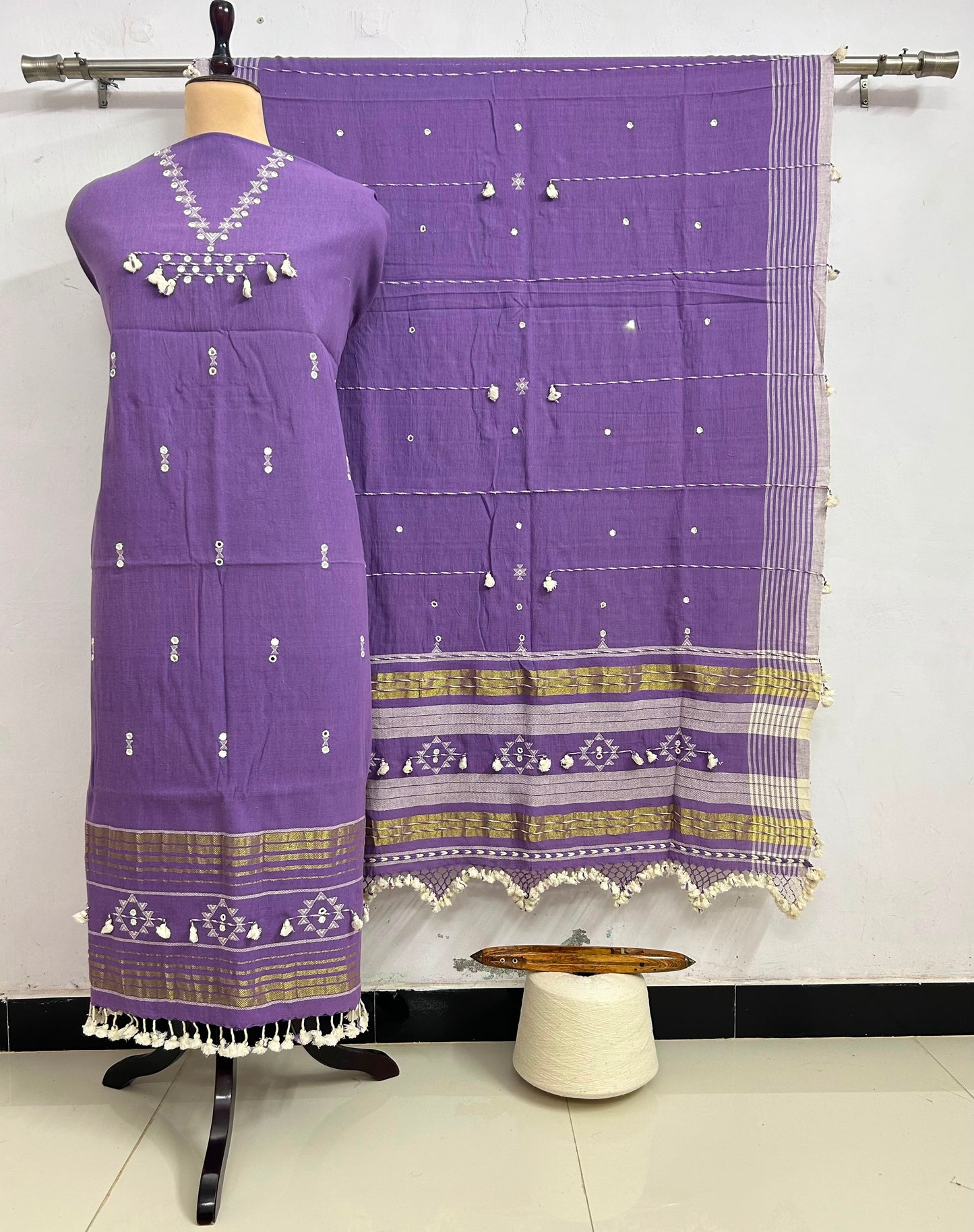 Fumka - handwoven Kapas Bhujodi 3 piece suit set with intricate mirror detailing, artisan woven kurta, matching bottoms and dupatta by Rihyaaz in sustainable handcrafted ethnic wear.