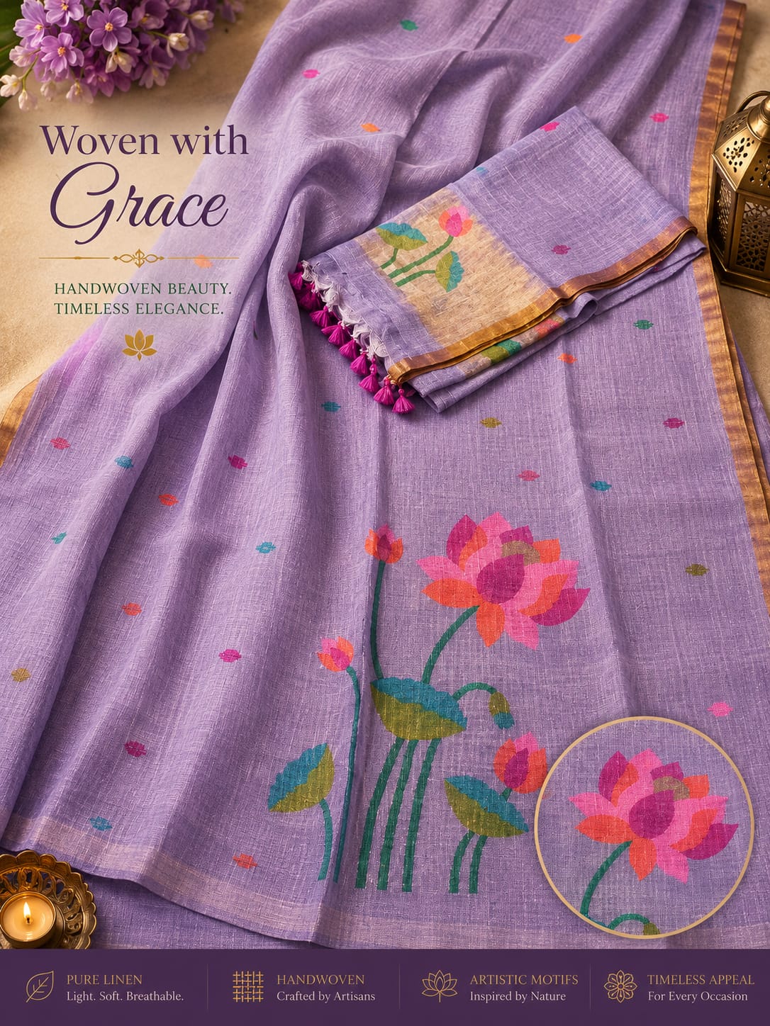 Komol Jayshree linen suit with lotus weaving and tissue palla dupatta by Rihyaaz