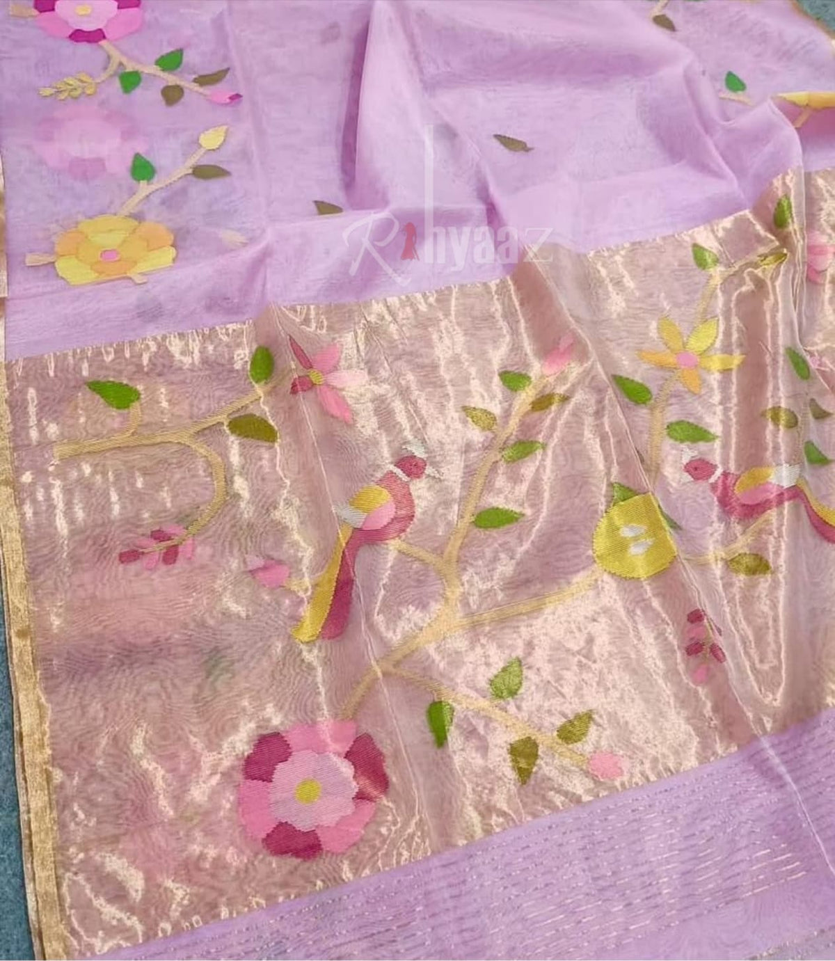 Anushua - Muslin Silk Paithani Palla Jamdani Saree with handwoven floral and bird motifs by Rihyaaz.