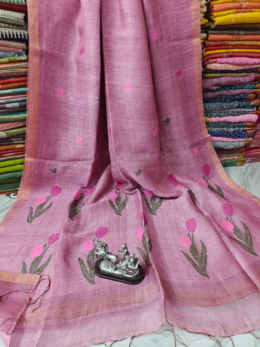 Lilac silk linen saree with intricate Jamdani weaved anchal by Rihyaaz, showcasing elegant traditional Indian handloom craftsmanship.