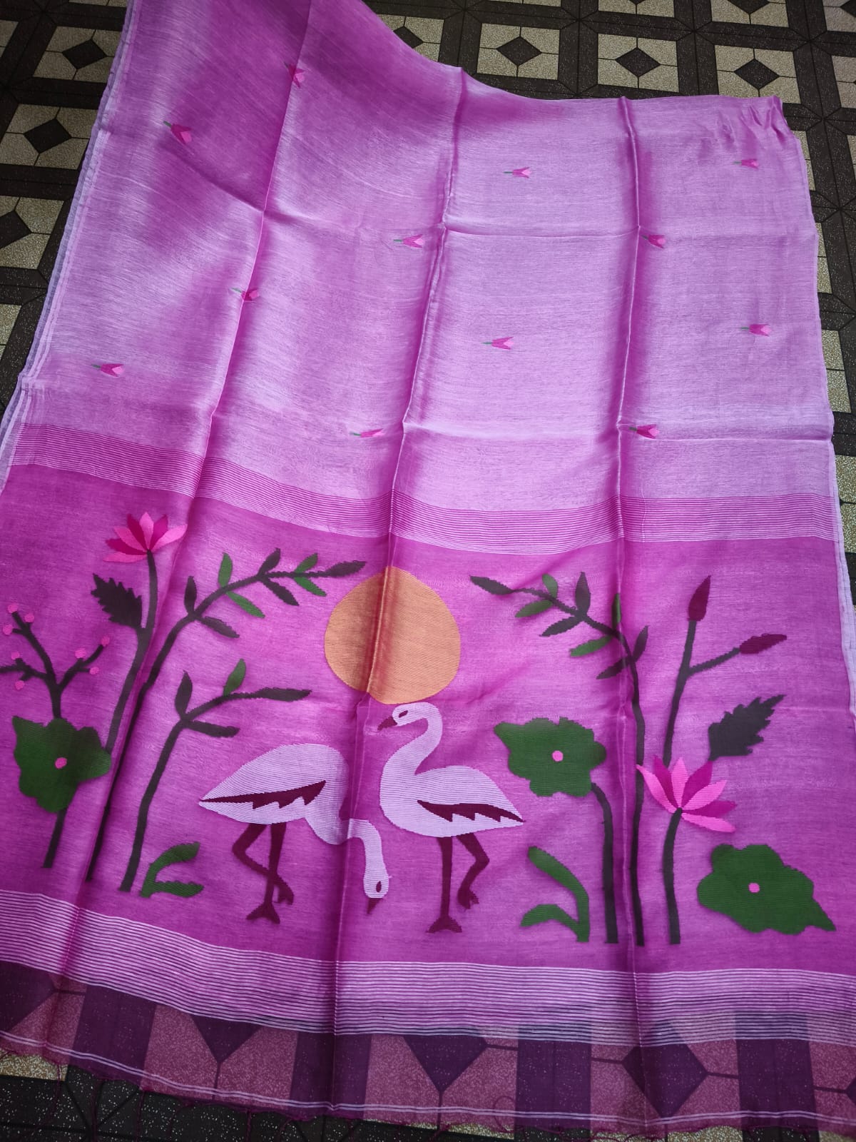 Kanika pure Jayasree silk linen saree with handwoven needlework Jamdani, pure Resham palla, all-over motifs and running blouse piece by Rihyaaz Fashions