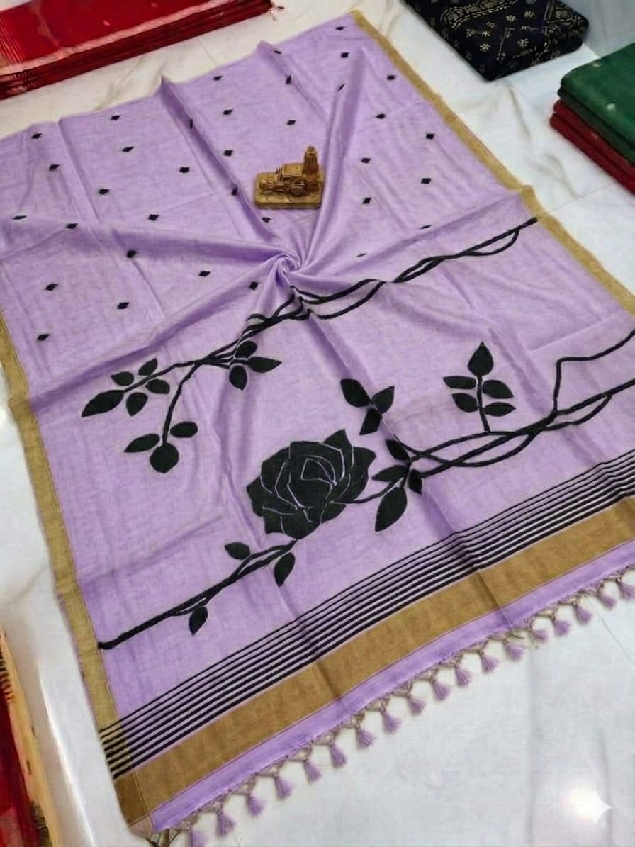 Handwoven Mul Cotton Rose Saree with elegant rose design, blouse piece available – Rihyaaz
