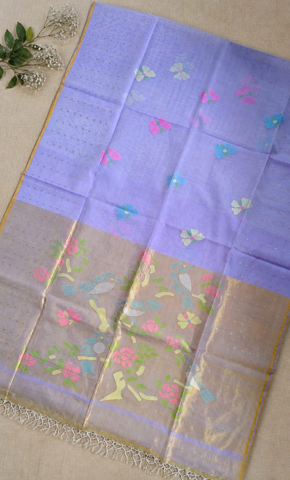 Titli by Rihyaaz – Beautiful muslin Paithani style needle work Jamdani saree with delicate sequins work and matching blouse piece, handcrafted for festive and occasion wear.