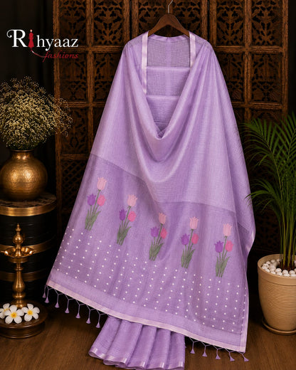 Tinka premium linen saree with resham tulip woven Jamdani anchal and all-over sequin detailing by Rihyaaz