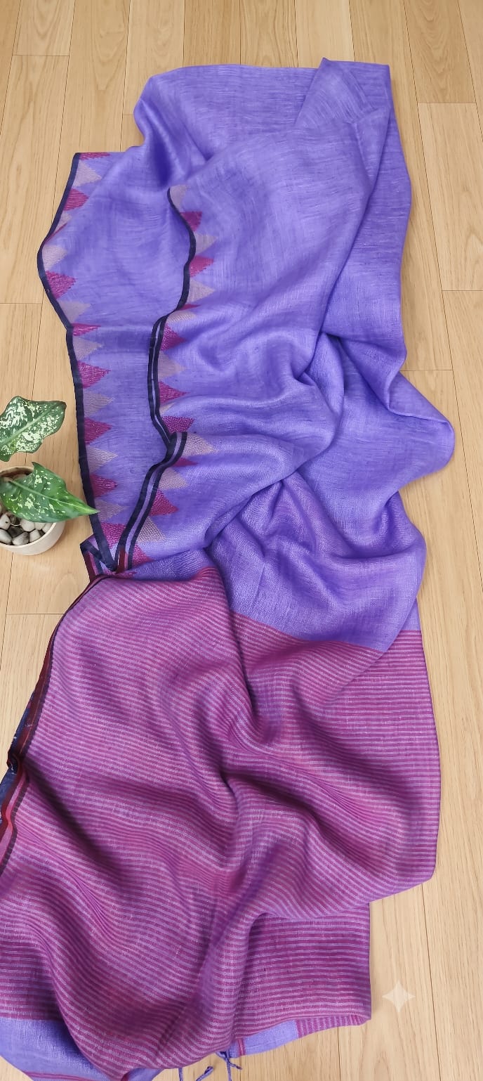 Lavender Purple Pure silk Jayashree linen saree with traditional temple border, striped palla and running blouse piece by Rihyaaz Fashions.