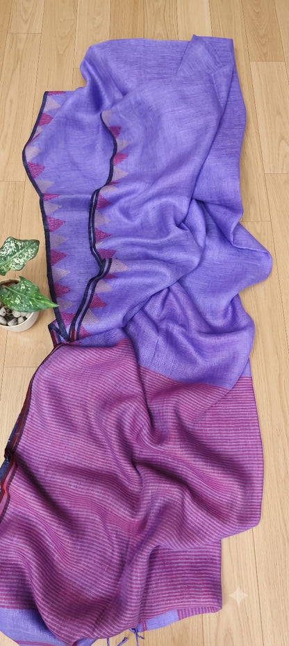 Lavender Purple Pure silk Jayashree linen saree with traditional temple border, striped palla and running blouse piece by Rihyaaz Fashions.