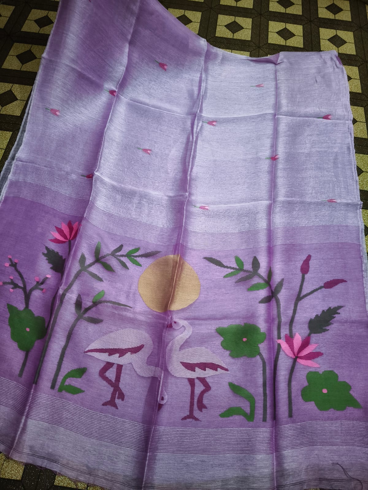 Kanika pure Jayasree silk linen saree with handwoven needlework Jamdani, pure Resham palla, all-over motifs and running blouse piece by Rihyaaz Fashions