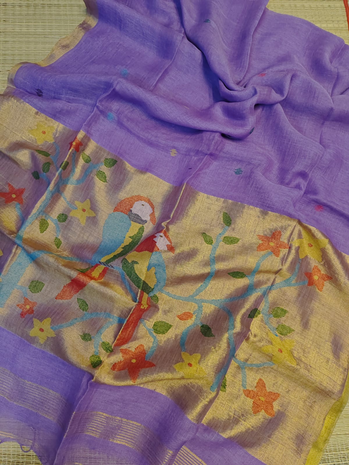 Kakatua Pure Linen Paithani Saree by Rihyaaz with matching blouse piece, elegant Paithani weave, premium linen fabric, custom colour options available, handcrafted ethnic wear.