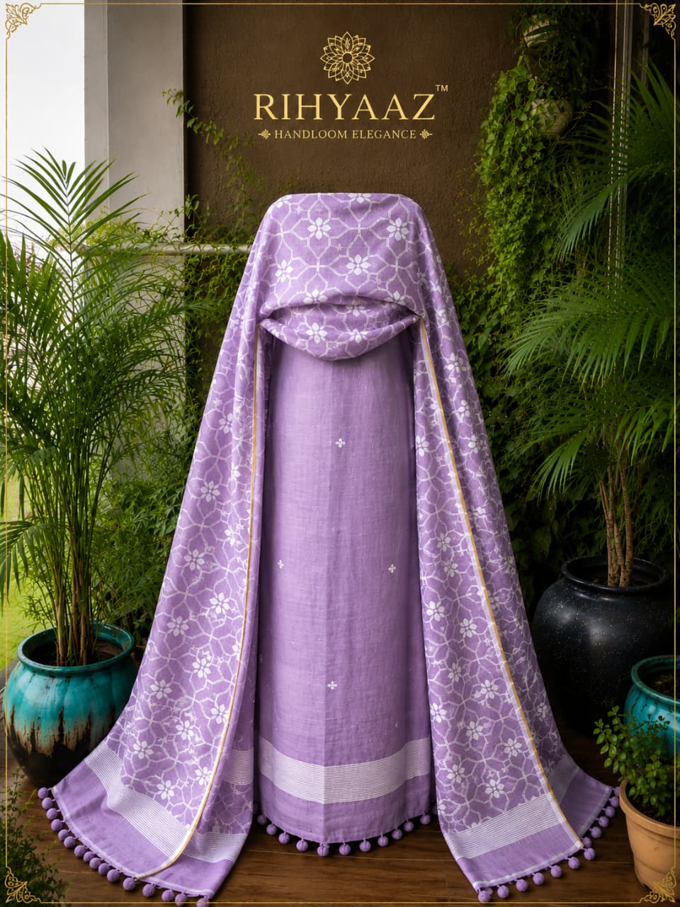 Zohra pure linen polka weaved suit with an all-over woven floral dupatta by  Rihyaaz for a graceful elegant look.