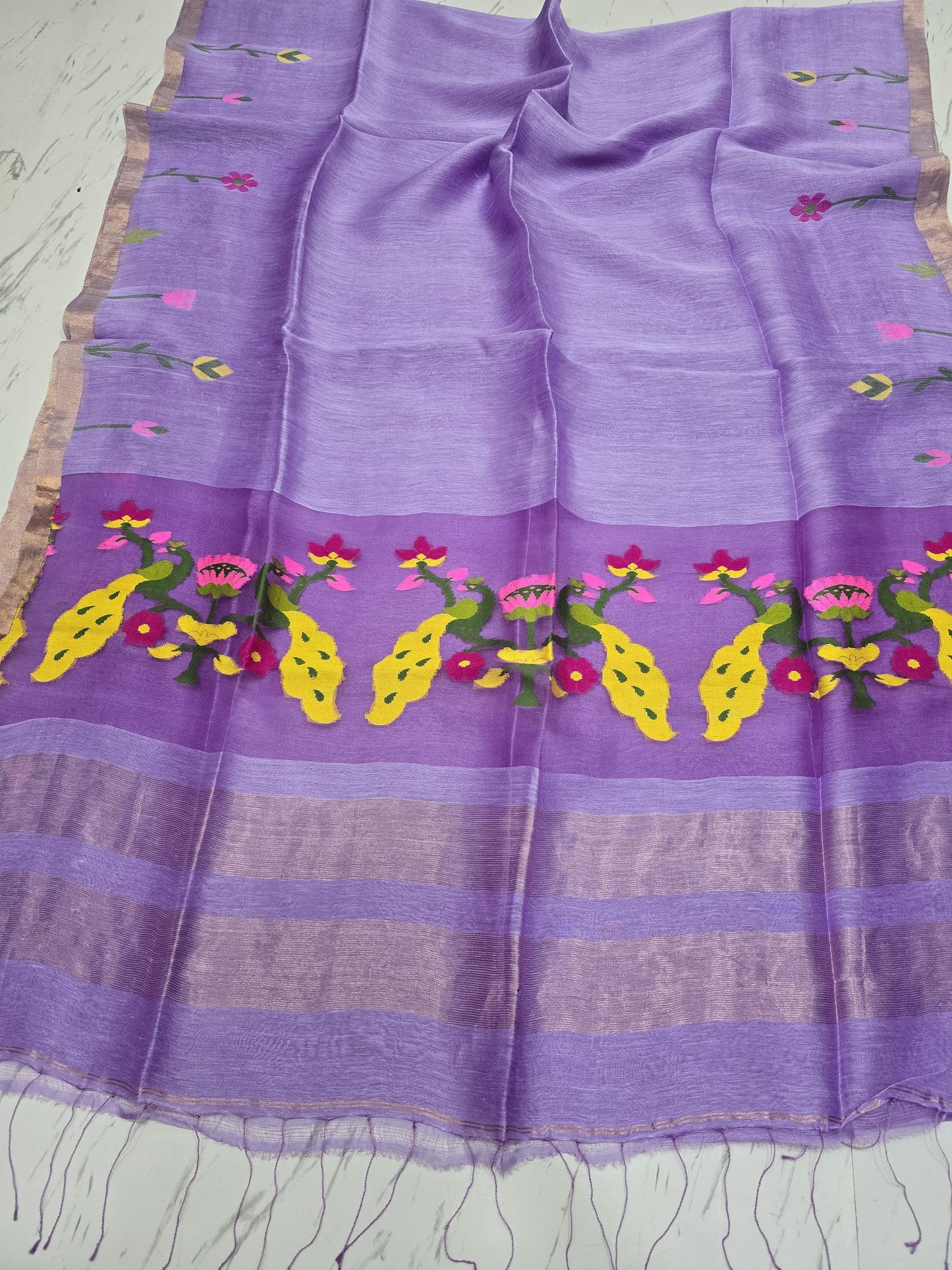 Keka pure silk linen saree with elegant muslin pallu, running blouse piece and Handloom Mark by Rihyaaz