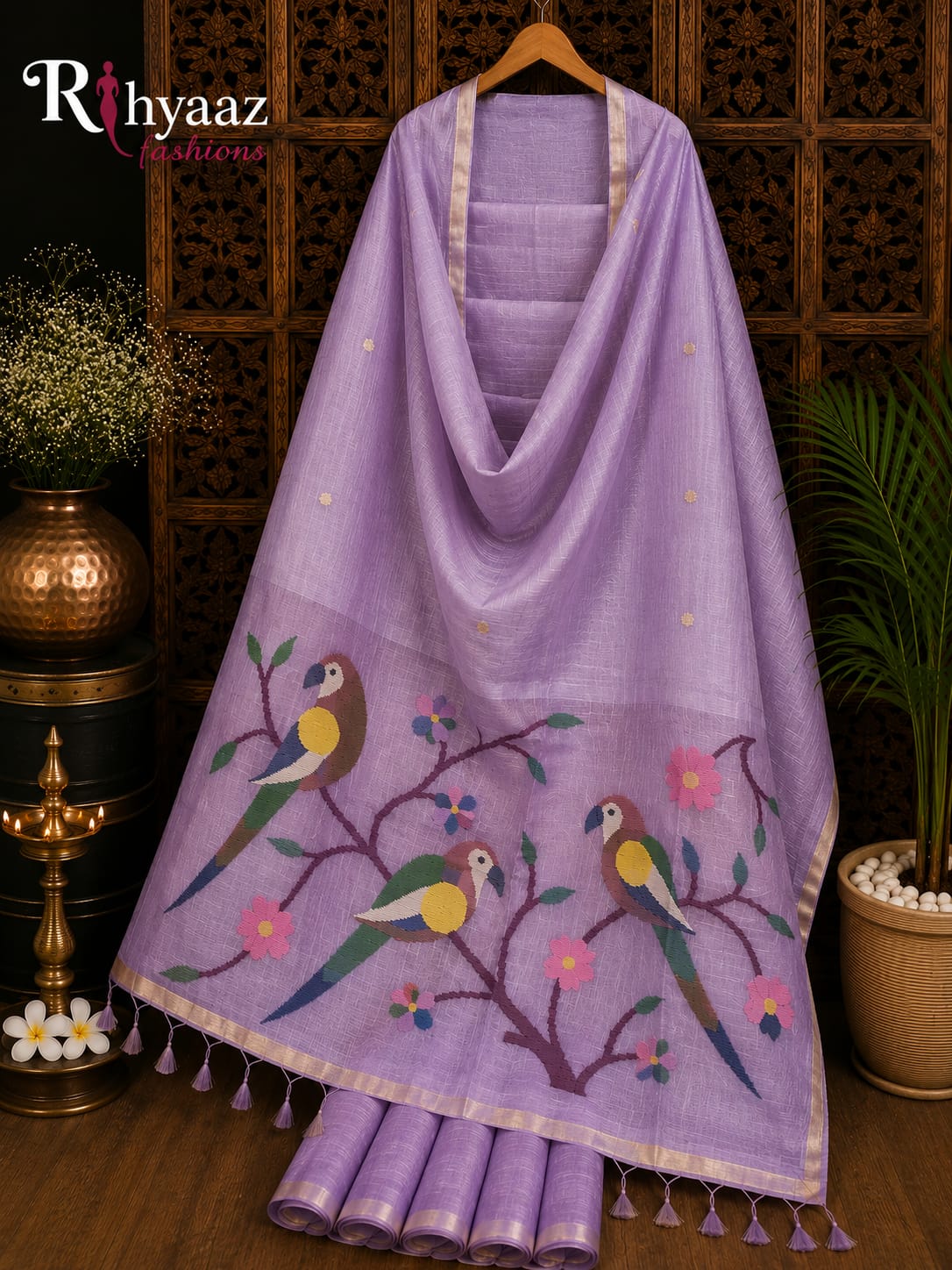Niharika pure tissue silk linen saree with Paithani pallu and Jamdani hand weaving, featuring BP and Handloom Mark.