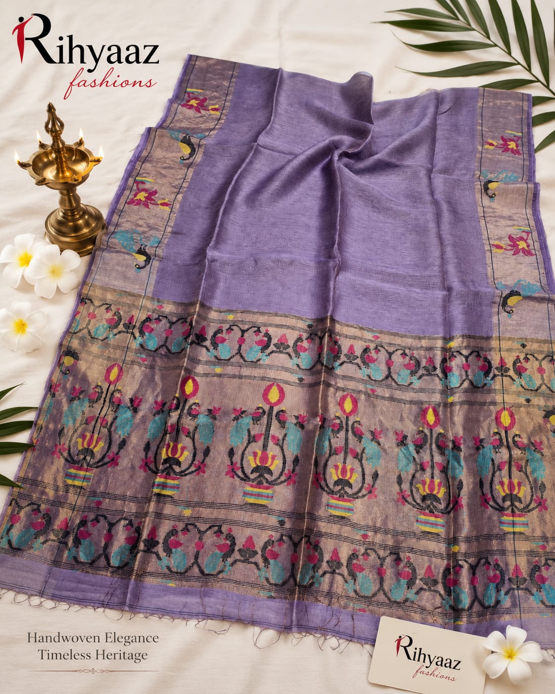 Sutra Silk Linen Intricate Paithani Palla Saree by Rihyaaz featuring exquisite handwoven craftsmanship, luxurious silk linen fabric, detailed Paithani palla, and an elegant traditional design for festive and wedding wear.