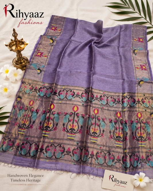 Sutra Silk Linen Intricate Paithani Palla Saree by Rihyaaz featuring exquisite handwoven craftsmanship, luxurious silk linen fabric, detailed Paithani palla, and an elegant traditional design for festive and wedding wear.