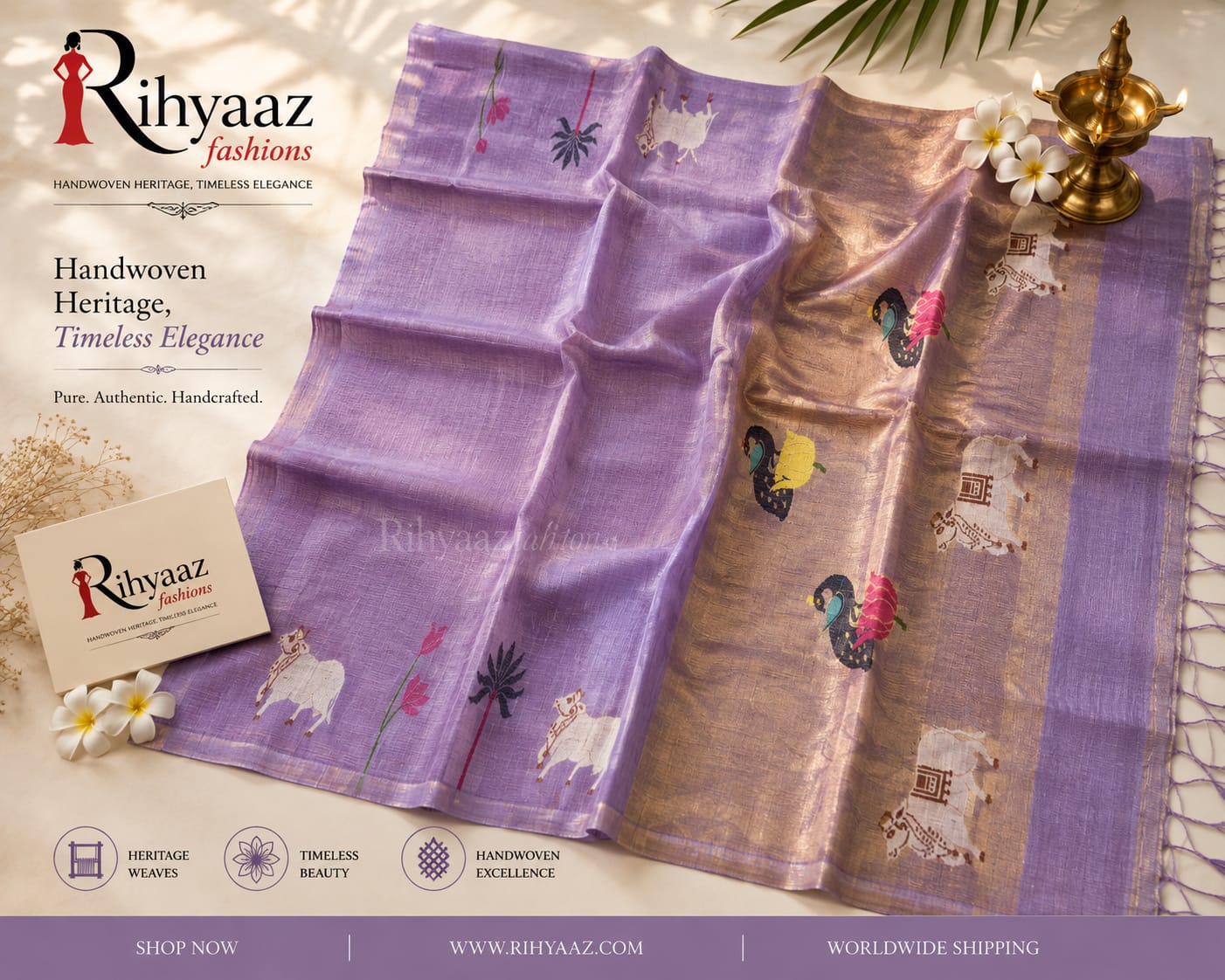 Subh Silk Linen Zari Palla Pichwai Motif Saree by Rihyaaz featuring intricate Pichwai-inspired motifs, luxurious zari palla, elegant handwoven craftsmanship, and a graceful drape for festive, wedding, and traditional wear.